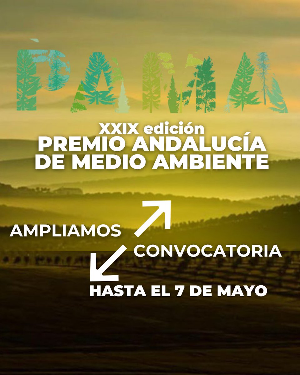 MedioAmbAND's tweet image. ↕️AMPLIAMOS LA CONVOCATORIA Premio Andalucía de Medio Ambiente 2025 #PAMA25 HASTA EL 7 DE MAYO

🍃 La #RevoluciónVerde también se construye con tu compromiso. Presenta tu candidatura.

📌 Más información en el Portal Ambiental: lajunta.es/5j7uy