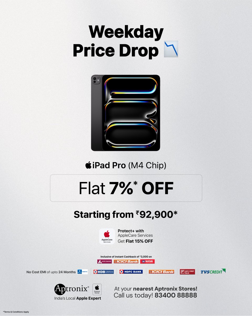 Weekday Price Drop
Buy any iPad &amp; SAVE up to 39%*
Store locator link - aptronixindia.com/store-locator
*Terms &amp; conditions apply.
(iPad, Aptronix, Apple, Apple Tablet, Apple iPad, iPad 10th Gen, iPad mini, iPad air, iPad Pro, M1 Chip, M2 Chip, M3 Chip, M4 Chip, Weekday Offer)