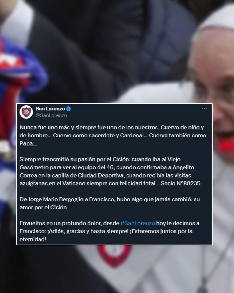 ✍️ La despedida de San Lorenzo al Papa Francisco, un Cuervo más. 

"Estaremos juntos por la eternidad"
