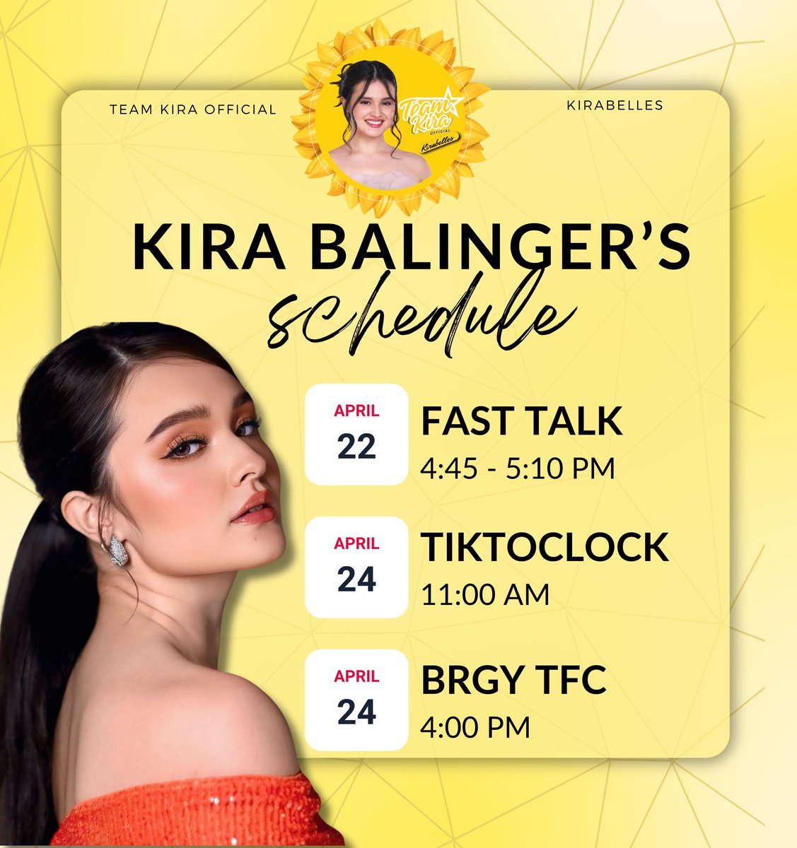 missleonnyhoper's tweet image. Credits By: @TeamKiraOFC
April 2025
#KiraBalinger Schedule
22- #FastTalk 24 TiktoClock /#BrgyTFC
-PBB SUPPORTER
#PinoyBigBrother #Housemate #PBB #PBBCelebrityCollabEdition #StarMagic #StarHunt #AbsCbn