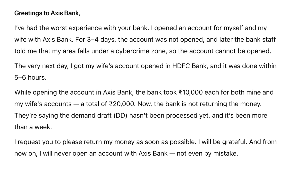 pawan84277's tweet photo. @AxisBank @HDFC_Bank 
Faced a poor experience with Axis Bank. Despite depositing ₹20,000, accounts weren’t opened and refund is delayed. HDFC opened an account in hours. Requesting urgent refund and resolution.
Email = pawanarora2580@gmail.com
https://t.co/0WQyHpxj3h https://t.co/uzupyXDx3U