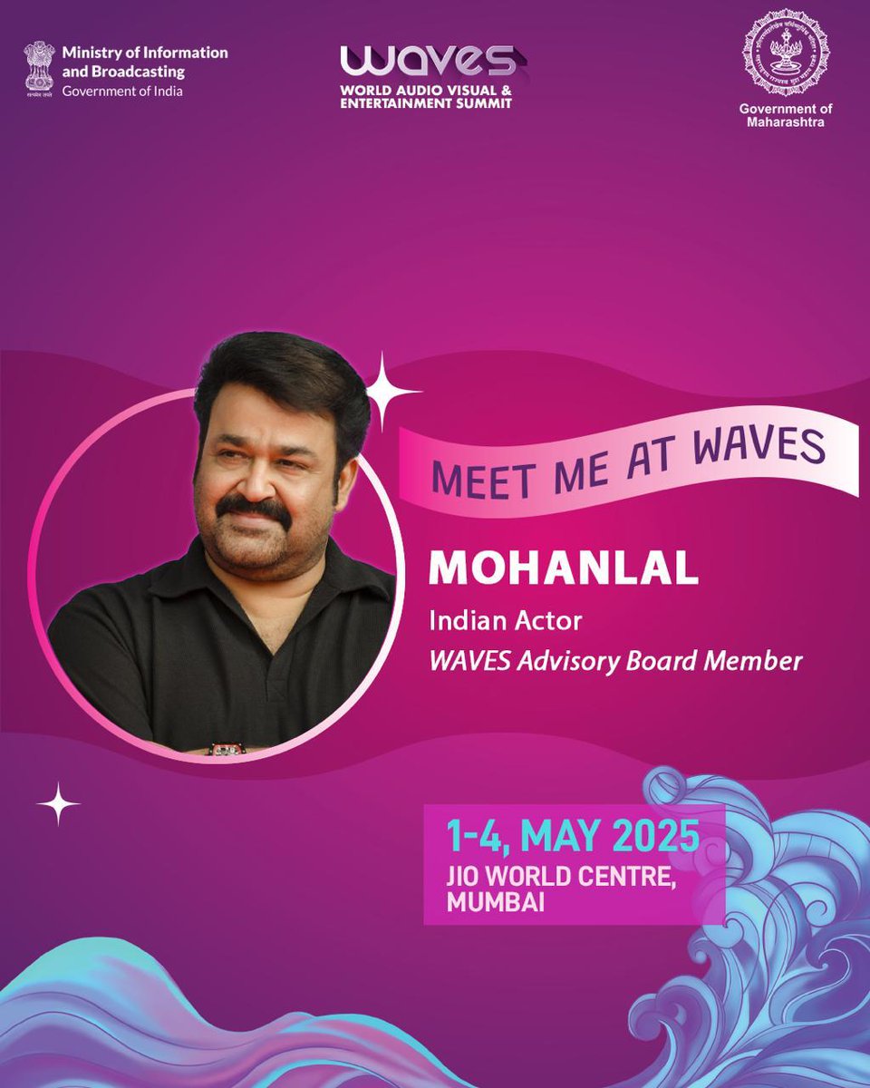 PIBDehradun's tweet image. Celebrated actor @Mohanlal is going to be a part of WAVES 2025 to celebrate brilliance, versatility and the magic of storytelling.   Register at: wavesindia.org #CreateInIndiaChallenge #WAVES #WAVES2025 #WAVESIndia #WAVESummit #WAVESummitIndia