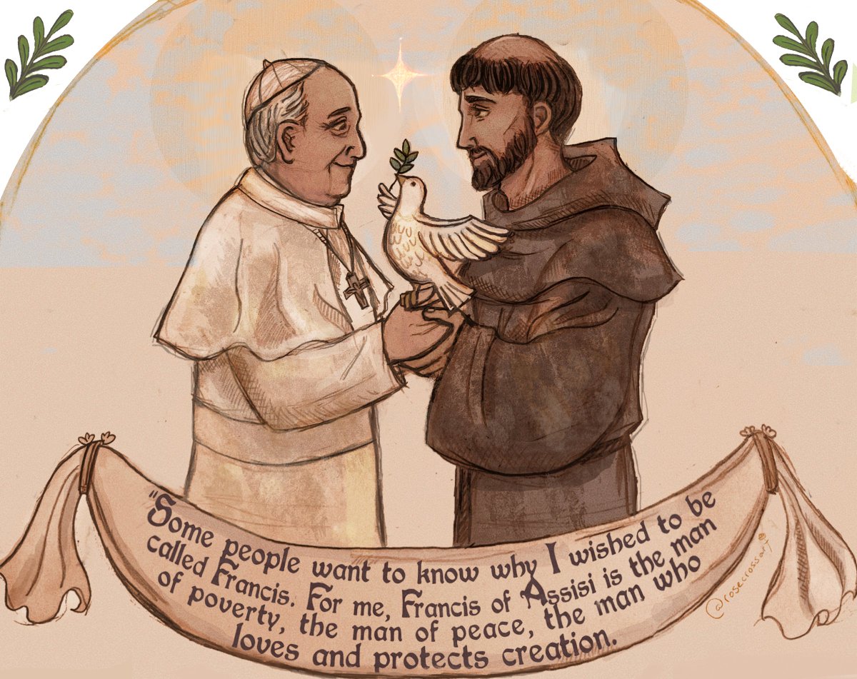 Pope Francis chose his papal name after St. Francis of Assisi, bc he admired the friar's love for the poor, &amp; life of simplicity and peace 

i like to imagine that they're meeting now&lt;3