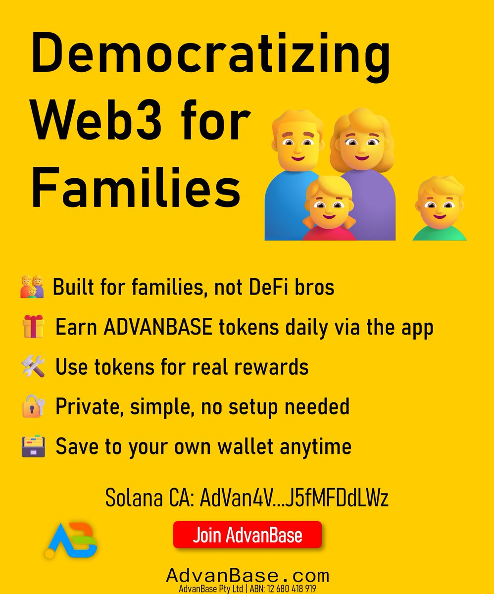 Crypto shouldn't be just for whales 🐋 and DeFi bros.
That’s why we’re democratizing Web3 utility token mining — for families.
🎁 Earn ADVANBASE tokens daily in the app
🛍️ Redeem for real-life value
🔐 Move to your own wallet
👉 AdvanBase.com
#AdvanBase #Solana