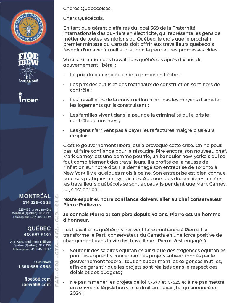 Les travailleurs de la construction du Québec emmerdent MagaLibérale, et la FTQ!

Ils appuient officiellement Poilievre.

*