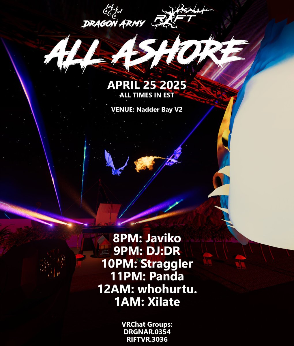 Heading back to the shore this Friday with <a href="/RIFT_VR_Club/">RIFT _VR</a> as we take their space party to our beach, Nadder Bay v2.

Dragon Army &amp; RIFT presents, 'All Ashore'
April 25 2025 // Gates open 7:45PM EST

Visit our VR Group: vrc.group/DRGNAR.0354
RIFT VR Group: vrc.group/RIFTVR.3036