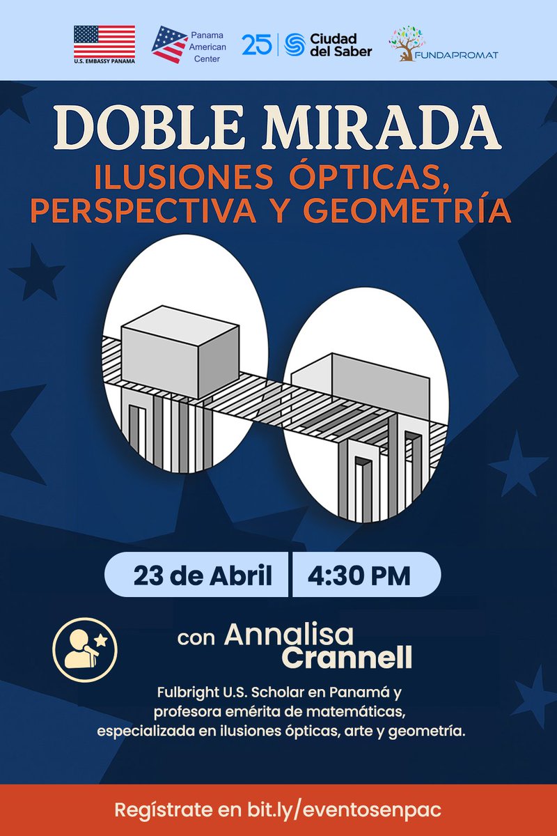 CiudaddelSaber's tweet image. Únete a este conversatorio visualmente fascinante con la matemática y autora Annalisa Crannell, Fulbright U.S. Scholar en Panamá, especializada en ilusiones ópticas creadas con perspectiva y geometría.