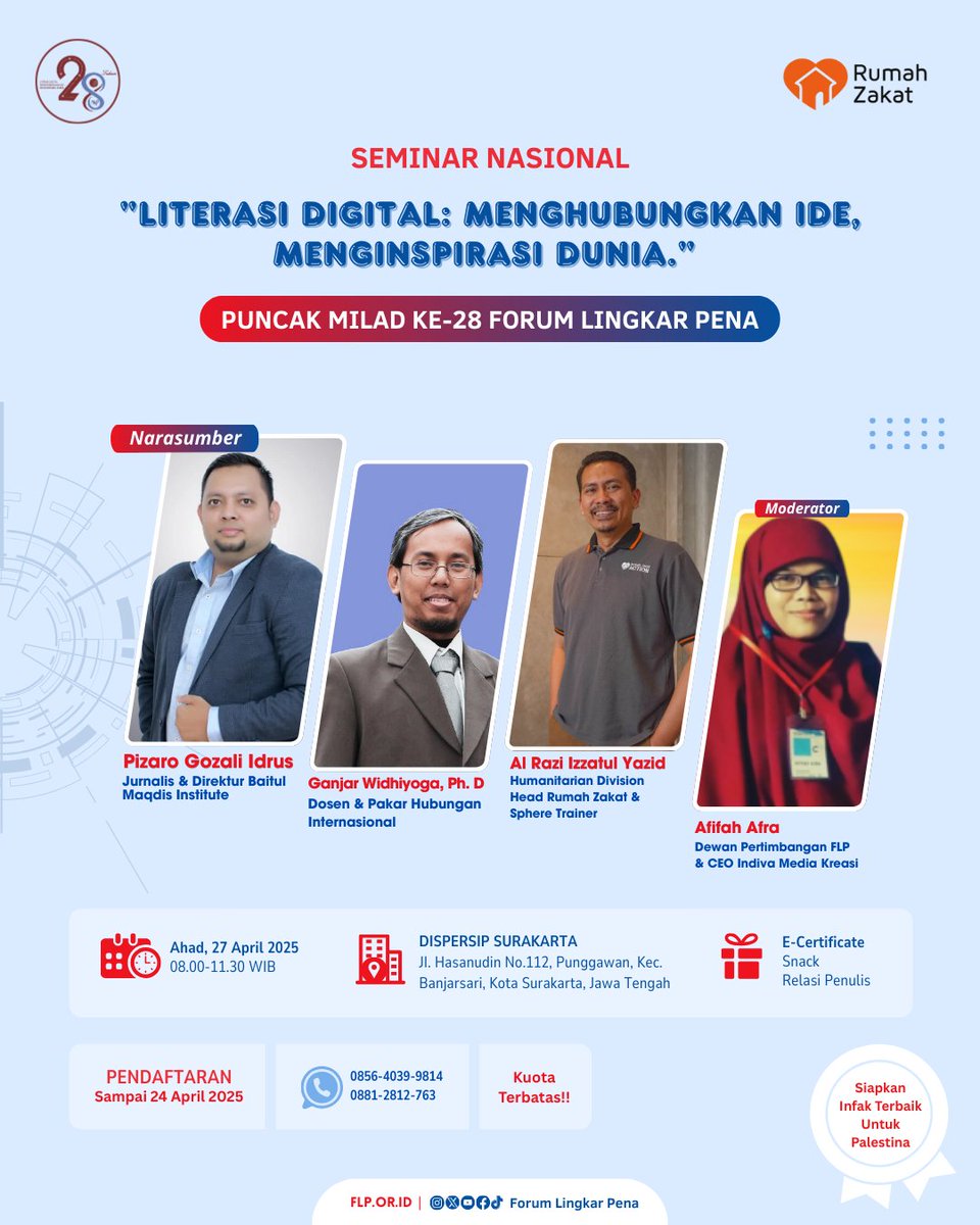 Yuk hadir di puncak acara milad ke-28 FLP di Solo.
#milad28flp
#milad28forumlingkarpena
#forumlingkarpena
#flp