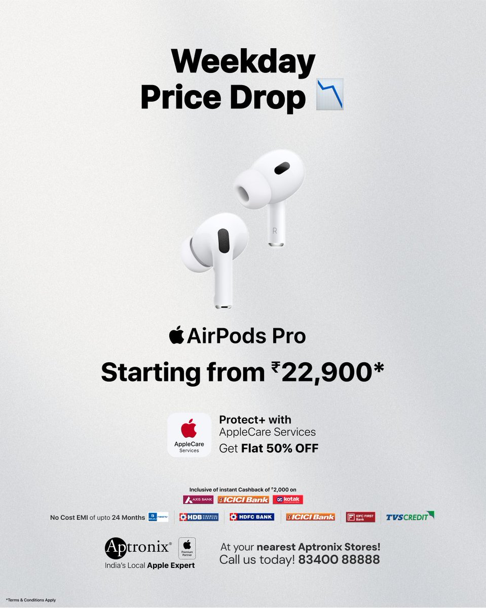 Weekday Price Drop
Buy any AirPods starting at just ₹11,900*
Store locator link - aptronixindia.com/store-locator
*Terms &amp; conditions apply.
(Aptronix, Apple, AirPods, AirPods 4 with ANC, Active Noise Cancellation, AirPods 4, AirPods Pro 2nd Gen, Wireless Earphones, Weekday Offers)
