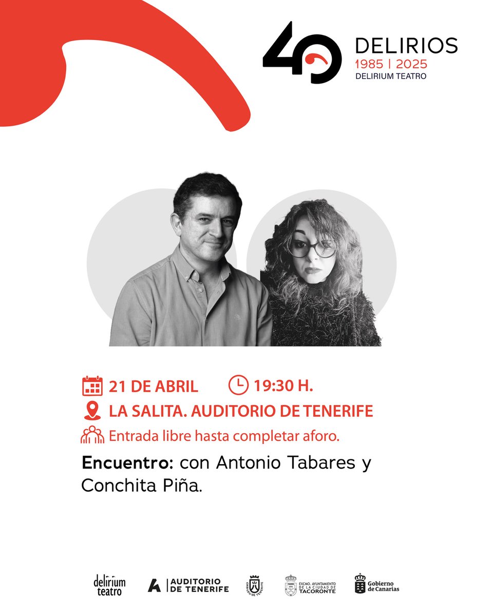 👉🏻HOY ENCUENTRO ‘Dramaturgia Contemporánea y Edición Teatral’ con Antonio Tabares y Conchita Piña

📍La Salita, Auditorio de Tenerife
🕦 19:30 horas
🔹Entrada libre hasta completar aforo