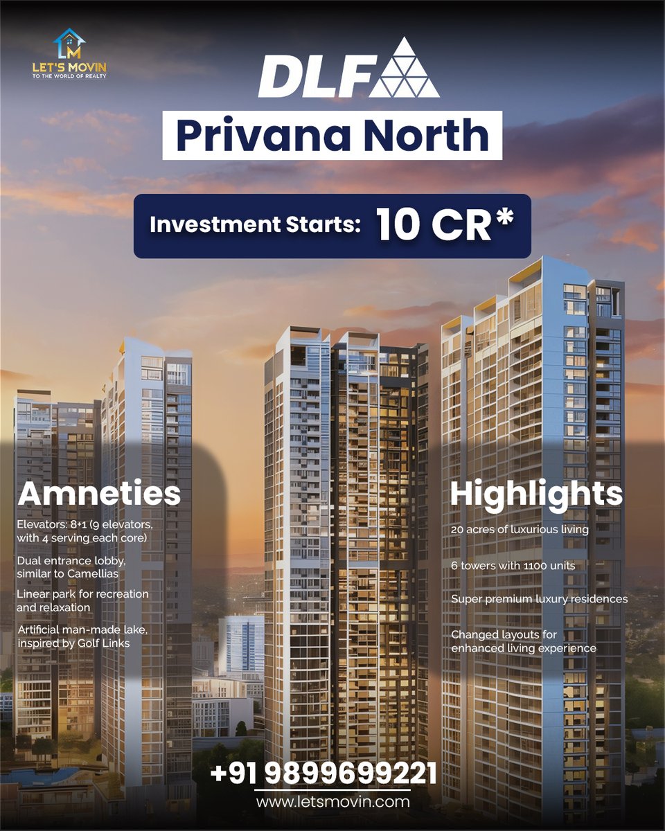 LETSMOVIN23's tweet photo. DLF Privana North – Sector 76, Gurgaon 🏙️
Ultra-luxury living across 20 acres.
✅ Starts at ₹10 Cr*
✅ 3 &amp; 4 BHK | 6 Towers
✅ Smart layouts | Linear park | Dual lobby
📞 +91 9899699221

 #residential #RealEstate #Investments #Apartments https://t.co/uuZdtYq3UO