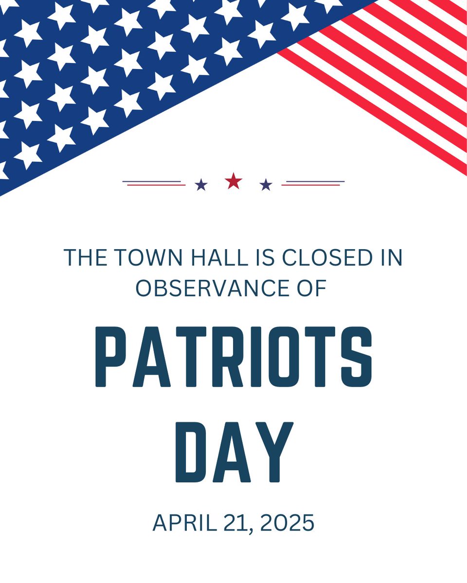 📣 Town Hall and all non-emergency buildings are closed today, April 21, 2025. We will be back open for regular business tomorrow at 8 AM.

Trash and recycling will be delayed by one day this week.

#NorwoodMA #HolidayClosure #PatriotsDay