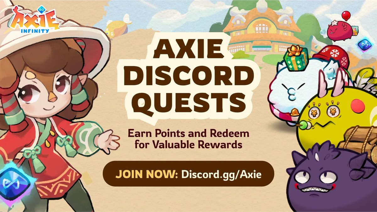 NEW Axie Discord Quests are LIVE!

Complete quests —&gt; Stack points —&gt; Earn rewards 👀

• Finish Scavenger Hunts, daily check-ins, and more
• Redeem points for collectible axies, playtest access, and mystery rewards
• Enter the daily raffle anytime

Get started NOW 👇

🔗 :