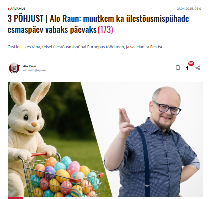 aloraun's tweet photo. Otsi lolli, kes täna, teisel ülestõusmispühal Euroopas tööd teeb, ja sa leiad ta Eestist. Guugeldasin ja võtsin appi tehisaru ning minu parima teadmise kohaselt on täna kõigis Euroopa Liidu riikides vaba päev välja arvatud kolmes – Eesti, Portugal ja Malta. https://t.co/tborJEsdjR