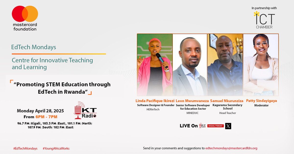 rwictchamber's tweet image. #EdTechMondays is back!
Don't miss out on this April episode, discussing "Promoting #STEM Education Through #EdTech in Rwanda". Catch us live on @ktradiorw and @kigalitoday on Monday of April 28, 2025 from 6PM. 

Be part of this episode today! Do you believe digital tools and