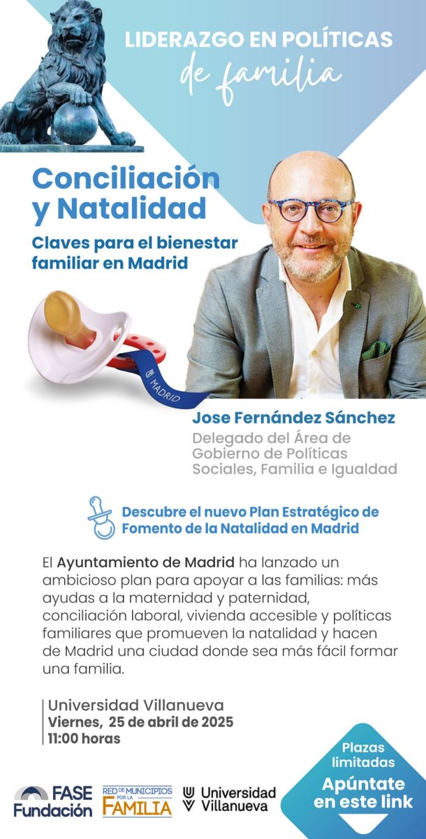 Buenos días, te invitamos este viernes, a la presentación del Plan Estratégico de la Natalidad y la Conciliación en #Madrid, una iniciativa pionera del <a href="/MADRID/">Ayuntamiento Madrid</a> que marcará el rumbo de las políticas familiares en los próximos años.