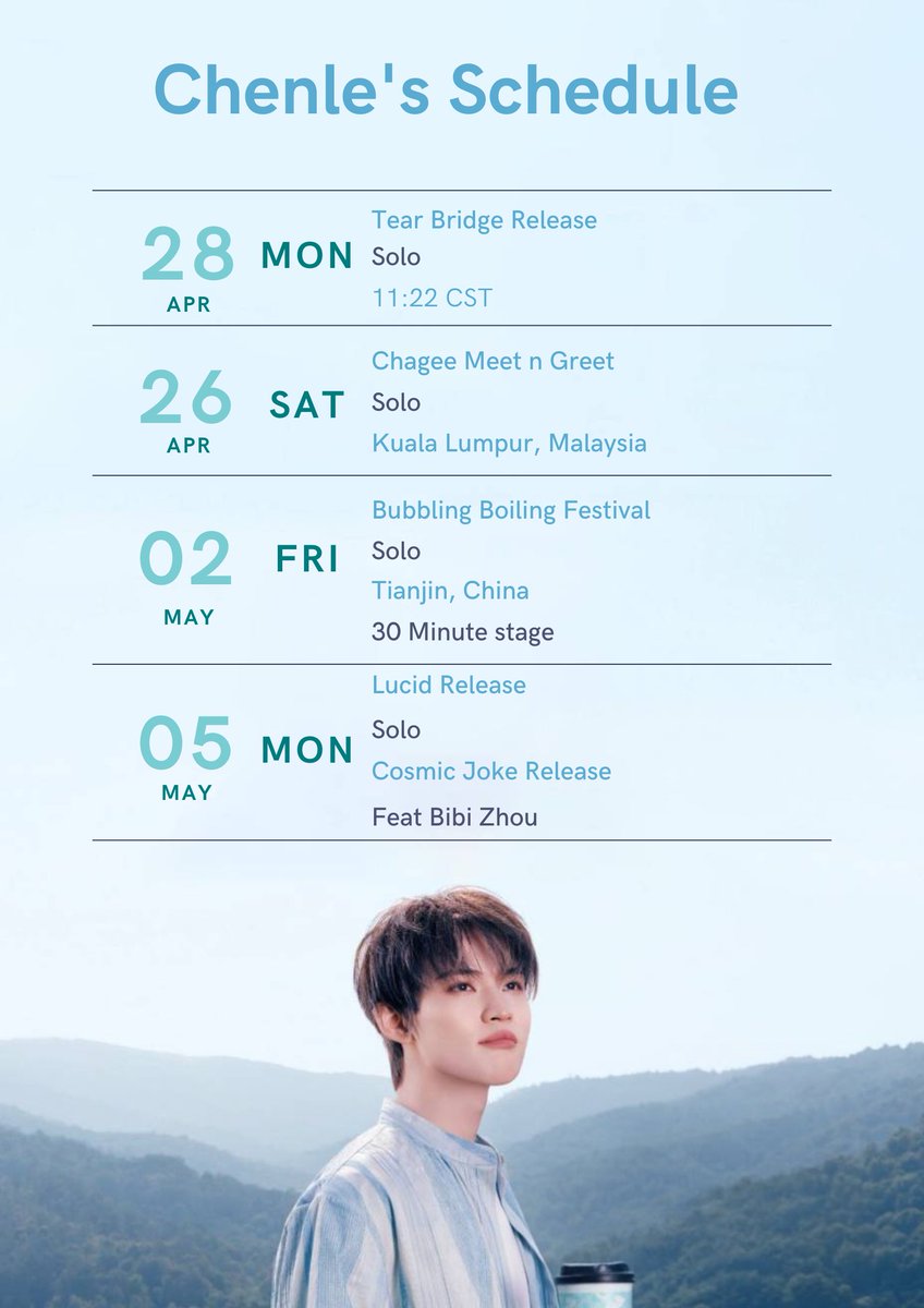 Mooddyea's tweet image. Here's another reason to live 🥹🫶

All solo schedule

CHENLE LUCID IS COMING SOON
#CHENLE_Lucid 
#钟辰乐中文特辑