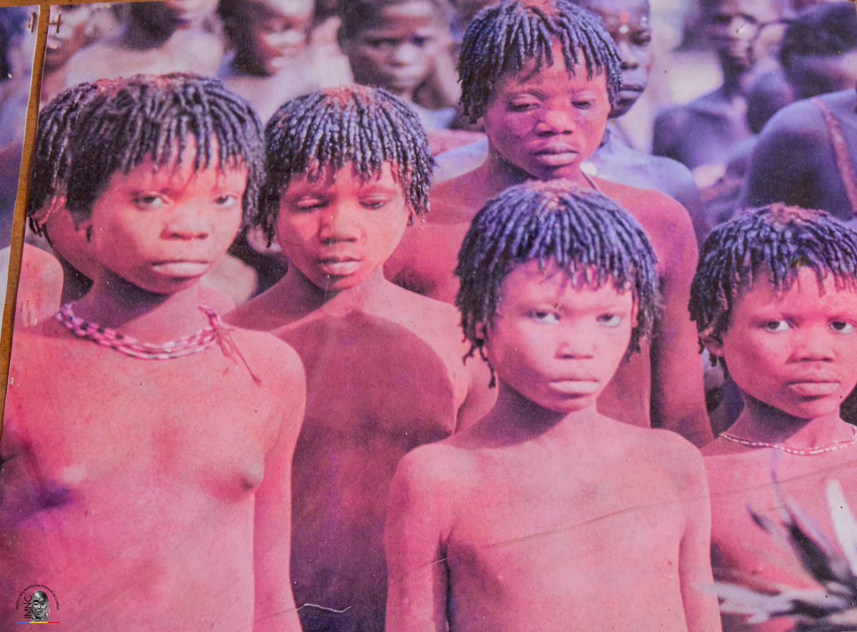 imncongo's tweet photo. 📜[𝐋𝐞𝐬 𝐚𝐫𝐜𝐡𝐢𝐯𝐞𝐬 𝐝𝐞 𝐥’𝐈𝐌𝐍𝐂]

Dans la lumière rose d'un matin ancestral, des jeunes filles se tiennent droites comme les piliers d'un passé sacré. Leurs tresses tressautent de silence, sculptées avec patience et mémoire, mémoire des mères, mémoire des a��eules. Leurs regards, posés quelque part entre le monde et l'âme, racontent sans dire : la gravité d'un instant, la pesée du temps sur de jeunes épaules. Autour d'elles, le peuple regarde, témoin muet d'un rite qui a traversé les âges, et dans leurs cous nus, quelques perles vibrent d'innocence et de mystère.

Leurs torses nus ne sont pas fragilité, mais langage : celui du corps qui entre dans l'histoire, du sang qui se prépare à comprendre la terre. Peintes par l'ocre ou la lumière fanée d'une photographie ancienne, elles sont statues vivantes, entre enfance et femme. Chacune, dans le silence de la foule, porte en elle un chant non encore chanté, un secret du village que seules les initiées comprennent. Elles ne parlent pas, mais tout en elles dit : Nous sommes les filles du feu ancien. Nous sommes celles qui apprennent à marcher avec les ancêtres.