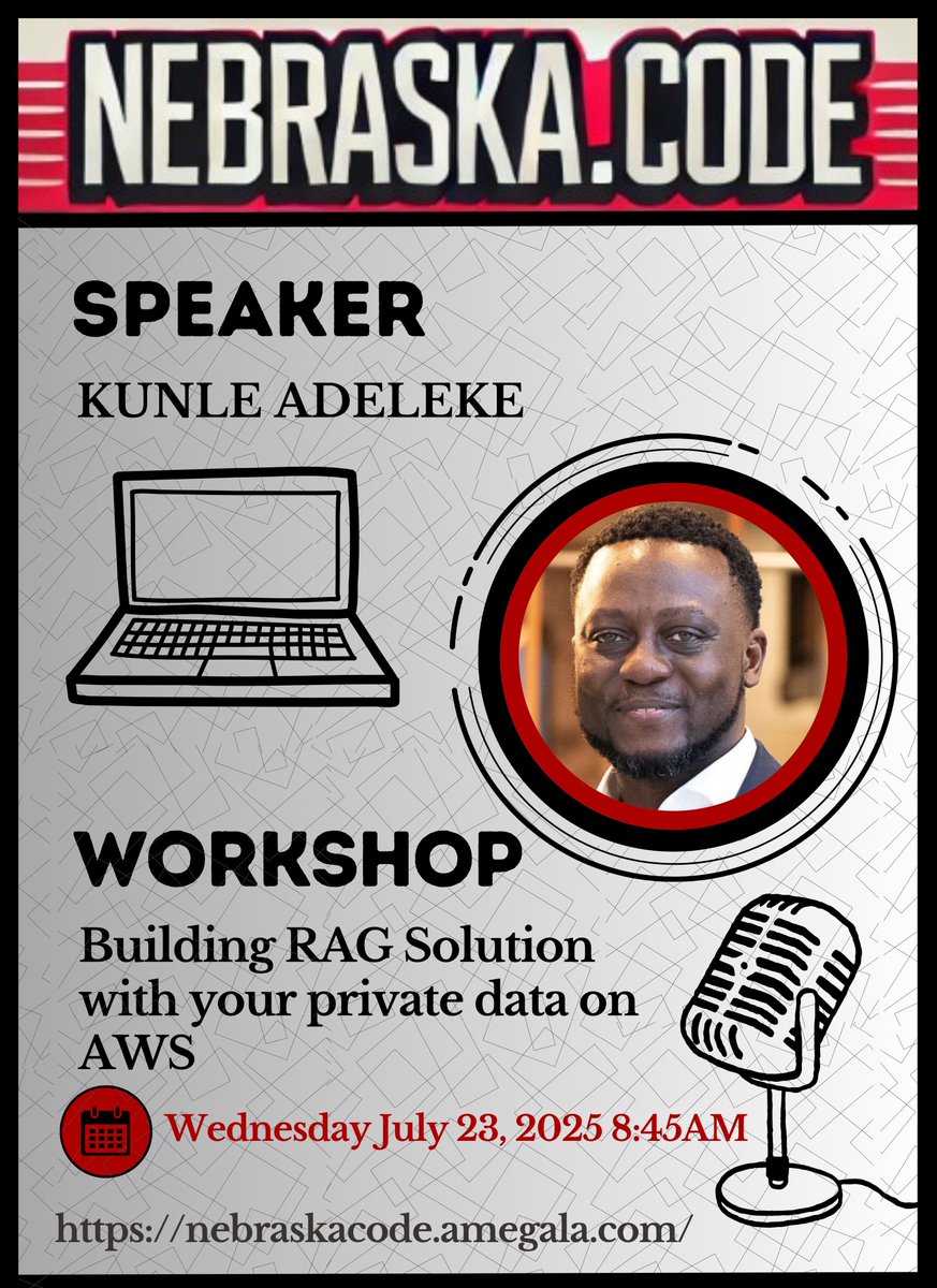 Amegala (@amegala) on Twitter photo Kunle Adeleke co-hosts a Workshop on RAG Solutions with AWS July 23rd at Nebraska.Code().
nebraskacode.amegala.com
#AmazonWebServices <a href="/awscloud/">Amazon Web Services</a> #AWS #Nebraska #RAGSolutions #TechnologyWorkshop #PrivateData <a href="/wasitechsys/">Wasi Tech Systems</a> <a href="/Hurrdat/">Hurrdat</a> <a href="/InsightRecruits/">Insight Recruitment</a> <a href="/HyVee/">Hy-Vee</a> <a href="/caseysgenstore/">Casey's</a> Kunle Adeleke co-hosts a Workshop on RAG Solutions with AWS July 23rd at Nebraska.Code().
nebraskacode.amegala.com
#AmazonWebServices <a href="/awscloud/">Amazon Web Services</a> #AWS #Nebraska #RAGSolutions #TechnologyWorkshop #PrivateData <a href="/wasitechsys/">Wasi Tech Systems</a> <a href="/Hurrdat/">Hurrdat</a> <a href="/InsightRecruits/">Insight Recruitment</a> <a href="/HyVee/">Hy-Vee</a> <a href="/caseysgenstore/">Casey's</a>