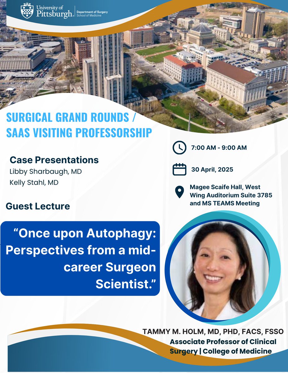 Pitt Surgery (@pittsurgery) on Twitter photo Mark your calendars! 🗓️ Join us on Wed, April 30th for the SURGICAL GRAND ROUNDS /SAAS Visiting Professorship featuring <a href="/TammyHolmMDPhD/">Tammy Holm MD, PhD</a> #SurgicalEducation #SurgicalInnovation #medicalresearch #MedTwitter
<a href="/UCincyMedicine/">UC College of Medicine</a> <a href="/UCincySurg/">UC General Surgery</a> <a href="/PittCCM/">Pitt Critical Care Medicine</a>
<a href="/UPMC_CTSurgery/">Pitt Cardiothoracic Surgery Department</a> <a href="/UPMC/">UPMC</a> <a href="/ChildrensPgh/">UPMC Children's Hospital of Pittsburgh</a> Mark your calendars! 🗓️ Join us on Wed, April 30th for the SURGICAL GRAND ROUNDS /SAAS Visiting Professorship featuring <a href="/TammyHolmMDPhD/">Tammy Holm MD, PhD</a> #SurgicalEducation #SurgicalInnovation #medicalresearch #MedTwitter
<a href="/UCincyMedicine/">UC College of Medicine</a> <a href="/UCincySurg/">UC General Surgery</a> <a href="/PittCCM/">Pitt Critical Care Medicine</a>
<a href="/UPMC_CTSurgery/">Pitt Cardiothoracic Surgery Department</a> <a href="/UPMC/">UPMC</a> <a href="/ChildrensPgh/">UPMC Children's Hospital of Pittsburgh</a>