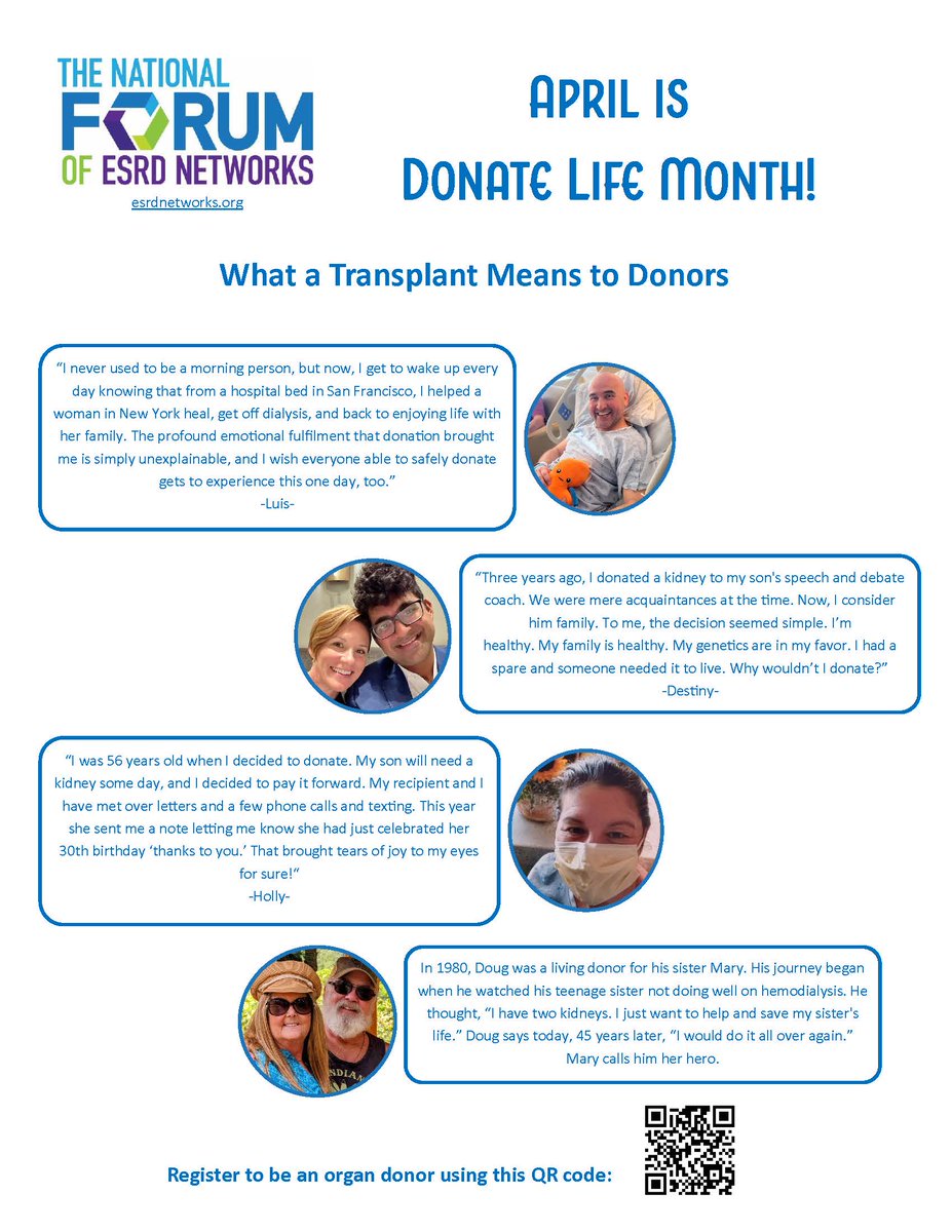 Week 4 of #DonateLifeMonth, and we're sharing what a transplant means to donors. Download this flyer and others at esrdnetworks.org/donate-life-mo….