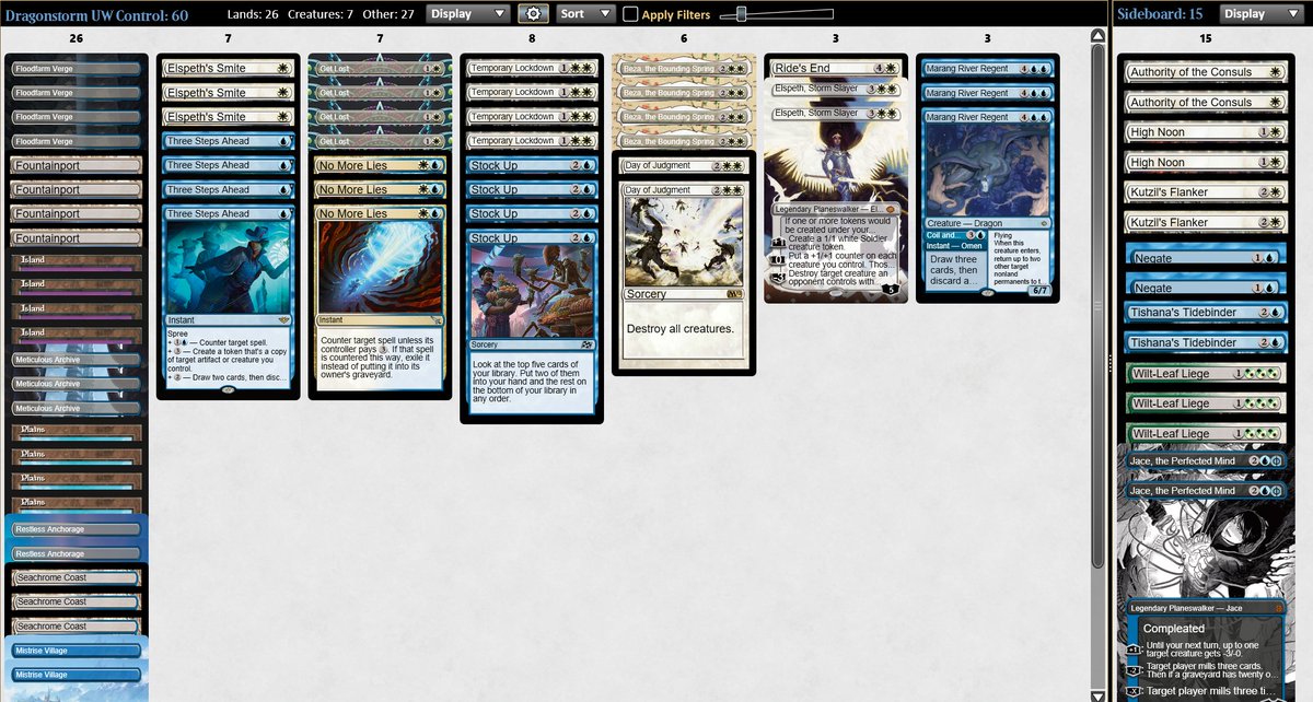 Made a few changes to the UW Control list for Standard before posting the SB Guide. I think the Mistrise Village + Jace package might be close to an auto win in the mirror and against Jeskai Control 🤞

<a href="/Flexslot/">Flexslot</a> SB Guide: flexslot.gg/sideboards/7658