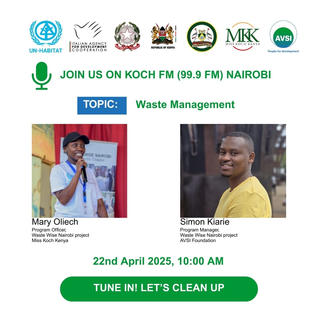 📌Tune in tomorrow 📌

Join us tomorrow on Koch FM for a powerful l discussion on "Waste management and the Waste-wise project Korogocho chapter "

Date:Tuesday,22 April 2025
Time:10:00Am

Tune in  to 99.9FM or Join us online 

#wastemanagement #Wastewiseproject #Kochfm