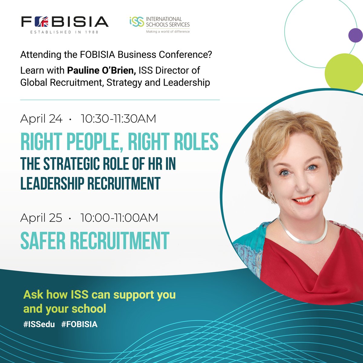 ISSCommunity's tweet image. Attending the 2025 @FOBISIA1 Business conference? @ISSPauline is excited to connect with HR professionals and business managers leading the way in #IntlSchools. Join her for 2 sessions to strengthen your recruitment strategies and leadership pipelines!
#ISSedu #FOBISIA