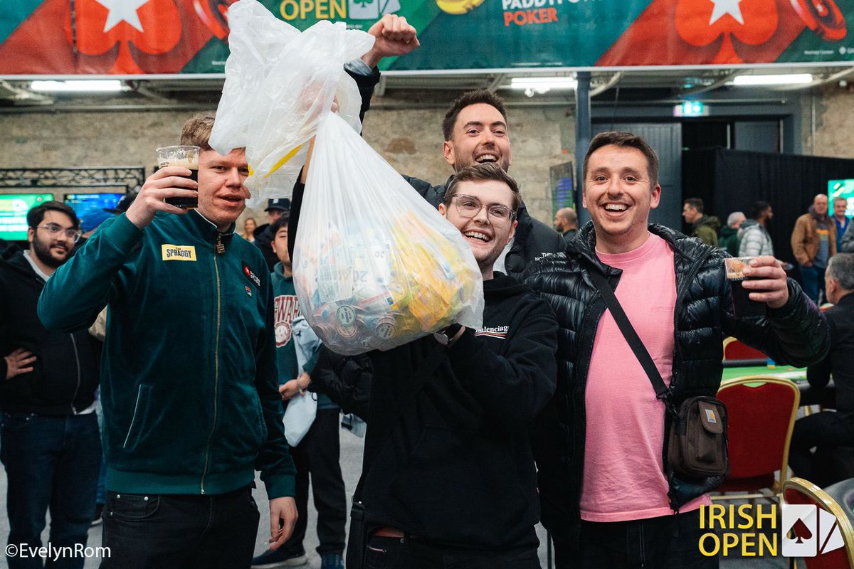 Pretty hilarious mad day…

Bust the 3k€, was fairly raging - jumped into the 1k€ mystery bounty, bagged chip lead for day 2 15 left, with 12k€ in bounties locked. 

Also won the 10€ a ticket winner takes all lottery! Our 7 way syndicate won 52k€ in a big bin bag!