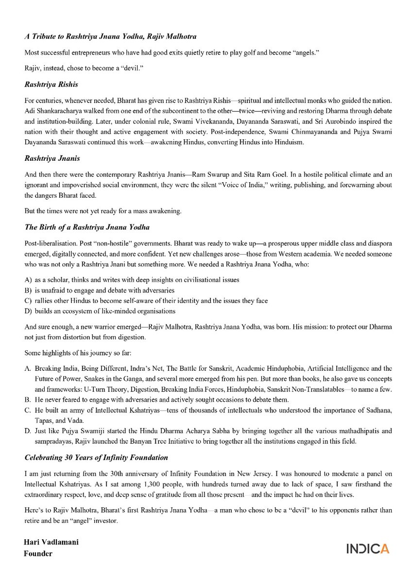 A heartfelt tribute to Shri <a href="/RajivMessage/">Rajiv Malhotra</a> Ji from our founder, Hari Vadlamani.