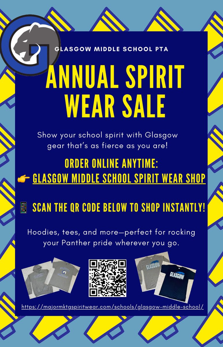 🧢👚🎽 The Annual Glasgow Spirit Wear Sale is going on now!  ✨📢Get your latest Glasgow Gear to show your School Pride!!!  🎒🧑‍🎓Your 👏 Glasgow 👏Panther 👏School 👏Pride!!! 🚸