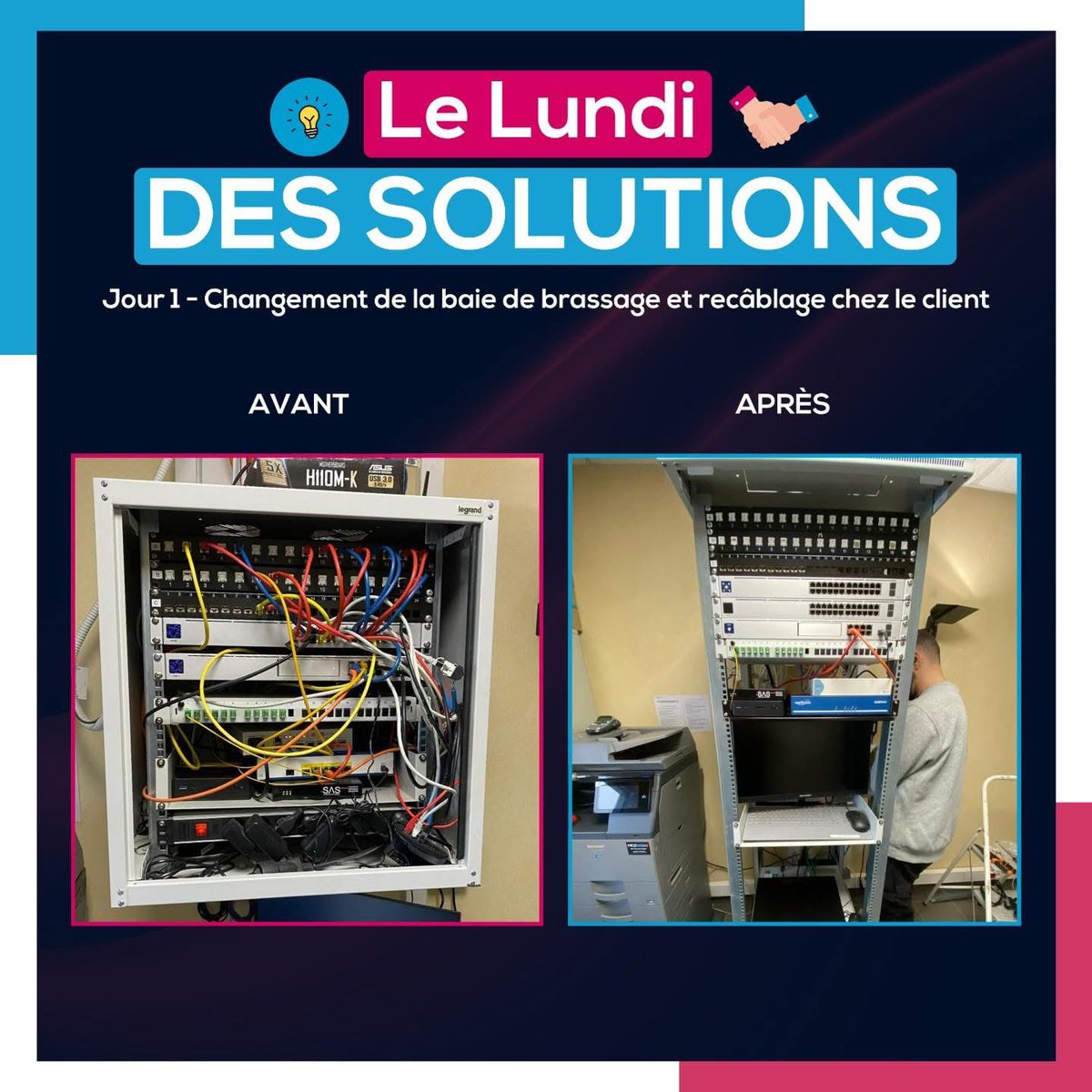 mc2i_solutions's tweet image. [Le Lundi des Solutions] 😁

Changement de baie de brassage &amp;amp; recâblage réseau 🔧 

✅ Nouvelle baie de brassage 🤩
✅ Recâblage propre et optimisé 👌
✅ Installation d’un pare-feu dernière génération 🔒

Besoin de câblage ou de sécuriser votre réseau ? 🤔