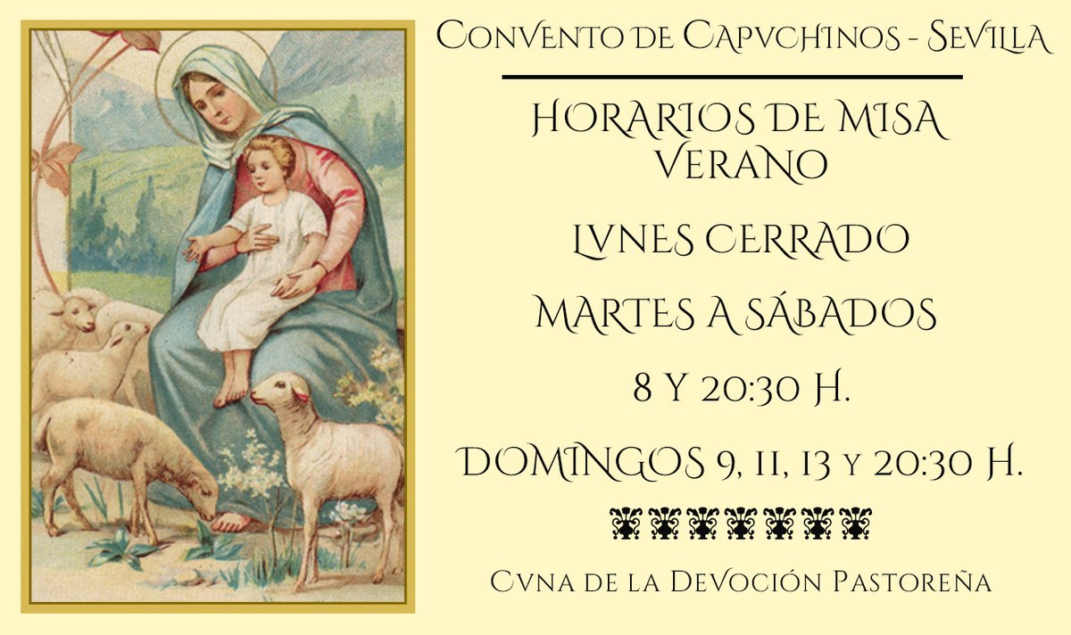 Horario de verano de Misa (a partir del Domingo de Resurrección):

- Lunes cerrado
- Martes a sábados 8 y 20:30h.
- Domingos 9, 11, 13 y 20:30h.

"No pasarán hambre ni sed, no los herirá el calor abrasador ni el sol". Isaías 49:10