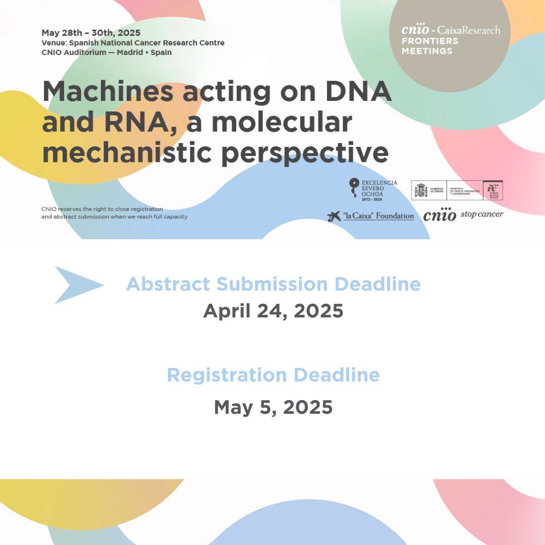 CNIO Stop Cancer (@cniostopcancer) on Twitter photo 🔊Last days to send your abstract for #CFM_MolMech!
🔴Deadline: April 24, 2025🔴
📅The meeting will take place May 28th - 30th at #CNIOStopCancer
🏃Read about the 5th and 5th I sessions on the 🧵👇
With the support of <a href="/CaixaResearch/">CaixaResearch</a>
🔗More info: bit.ly/42hyRh0 🔊Last days to send your abstract for #CFM_MolMech!
🔴Deadline: April 24, 2025🔴
📅The meeting will take place May 28th - 30th at #CNIOStopCancer
🏃Read about the 5th and 5th I sessions on the 🧵👇
With the support of <a href="/CaixaResearch/">CaixaResearch</a>
🔗More info: bit.ly/42hyRh0