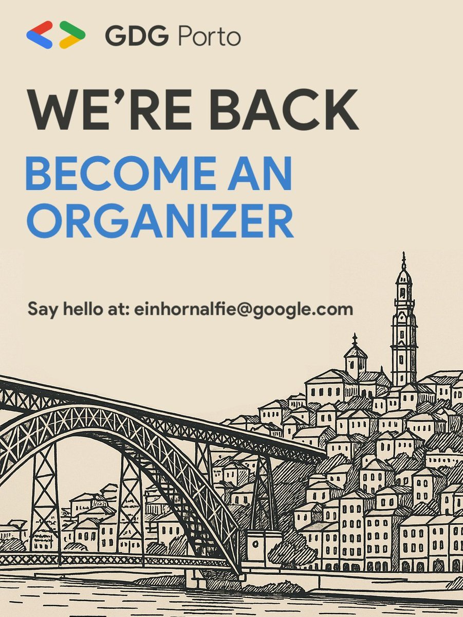 Hey, we are back 👋
Queremos reactivar o chapter do Porto e para isso precisamos da tua ajuda 🙌
Se gostarias de ser organizer do GDG Porto, envia um email para einhornalfie@google.com