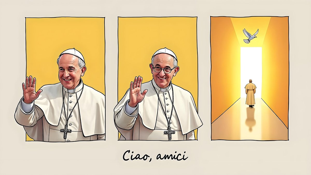 maxweels's tweet photo. "Ciao, amici."
A final wave, a gentle smile, and a peaceful walk toward the light.
Rest in peace, Pope Francis. Your humility and compassion will echo through eternity. 🕊️🙏 #PopeFrancis https://t.co/KIzTTuo3X8