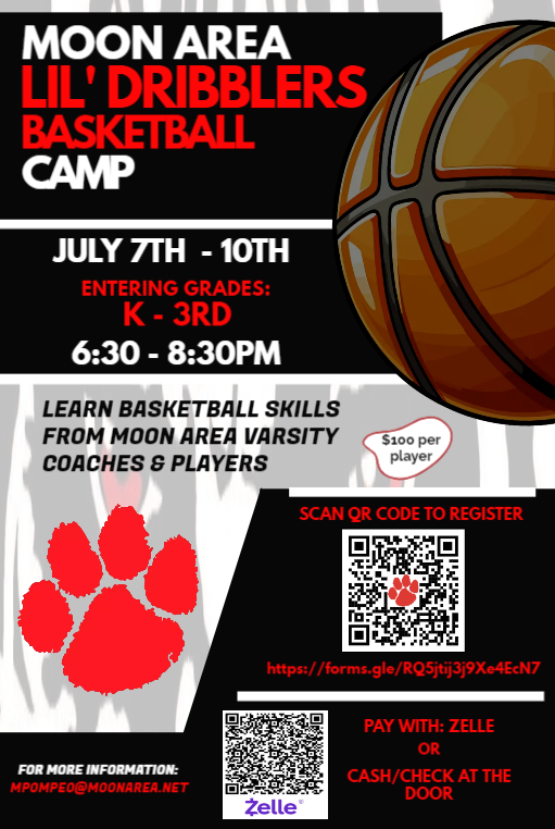Calling all Moon Area girls entering grades K-3rd!!
Come join us for our 2025-26 Moon Area Lil' Dribblers Basketball Camp.