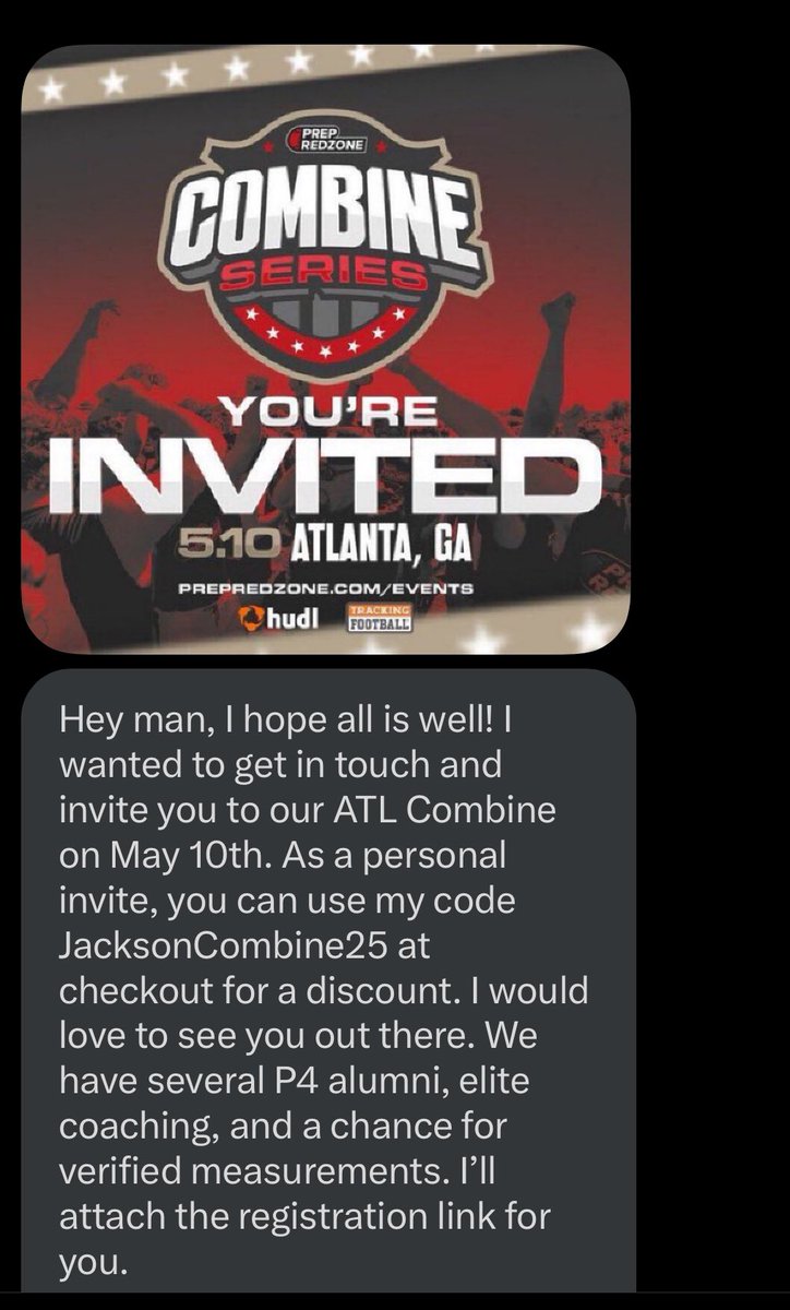 Thank you <a href="/CJacksonPRZ/">Connor Jackson</a> for inviting me to prep redzone combine. <a href="/HamptonFBall/">Hampton Football</a> <a href="/FabianWhylly/">Coach Fabian Whylly Ed.S</a> <a href="/mark_myers34/">Coach_Myers34</a> <a href="/Cjoakley89/">Coach Oakley</a> <a href="/RecruitGeorgia/">Recruit Georgia</a>