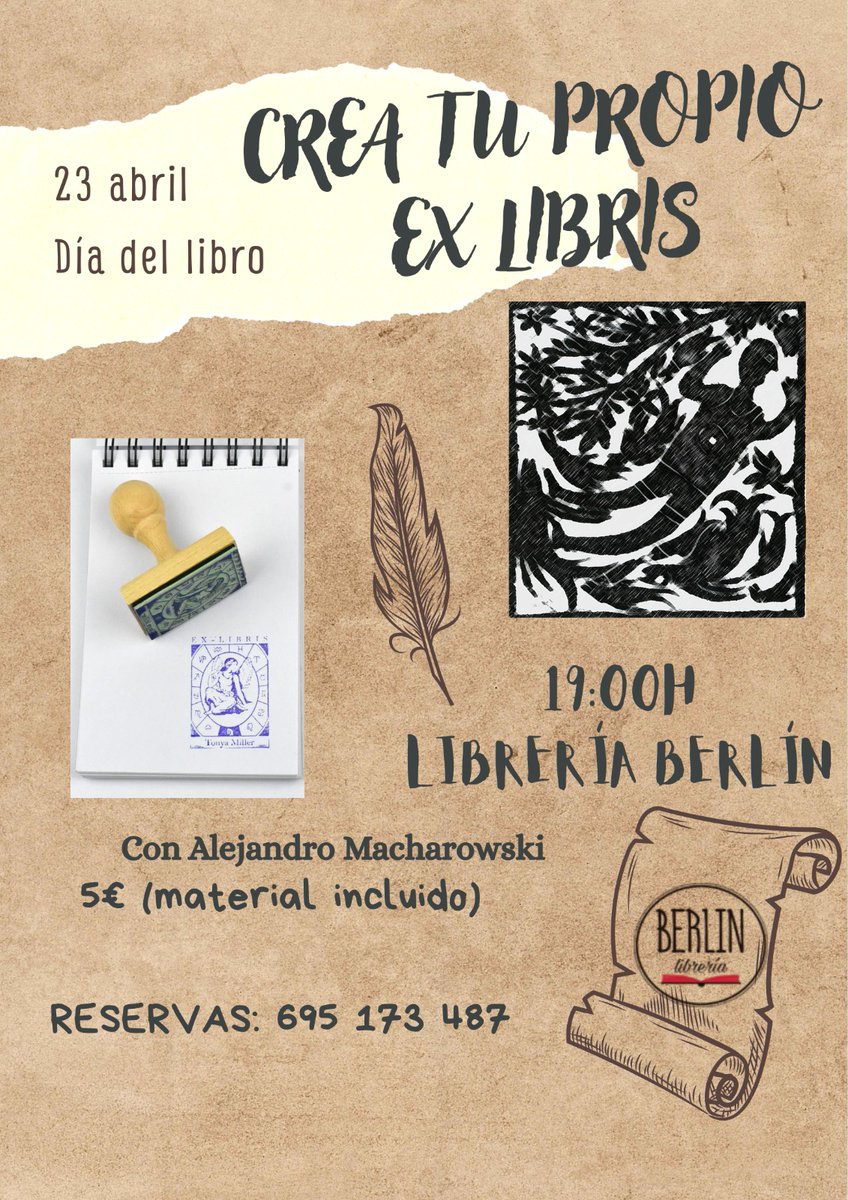 El próximo miércoles 23 impartiré un taller sobre #exlibris en el espacio cultural de la <a href="/LibreraBerln/">Librería Berlín</a> de Valencia. Apúntate ¡PLAZAS LIMITADAS!. <a href="/DescubrirelArte/">Descubrir el Arte</a> <a href="/lacamaradelarte/">La Cámara del Arte</a> <a href="/DescubrirelArte/">Descubrir el Arte</a> <a href="/educacion3_0/">EDUCACIÓN 3.0</a> <a href="/educaINEE/">Educación INEE</a> <a href="/EPeducacion/">EP Educación</a> <a href="/LaNauuv/">UVcultura / La Nau</a> <a href="/gest_cult/">Máster Gestión Cultural UV-UPV</a> <a href="/bibliotequesuv/">Biblioteques UVEG</a>