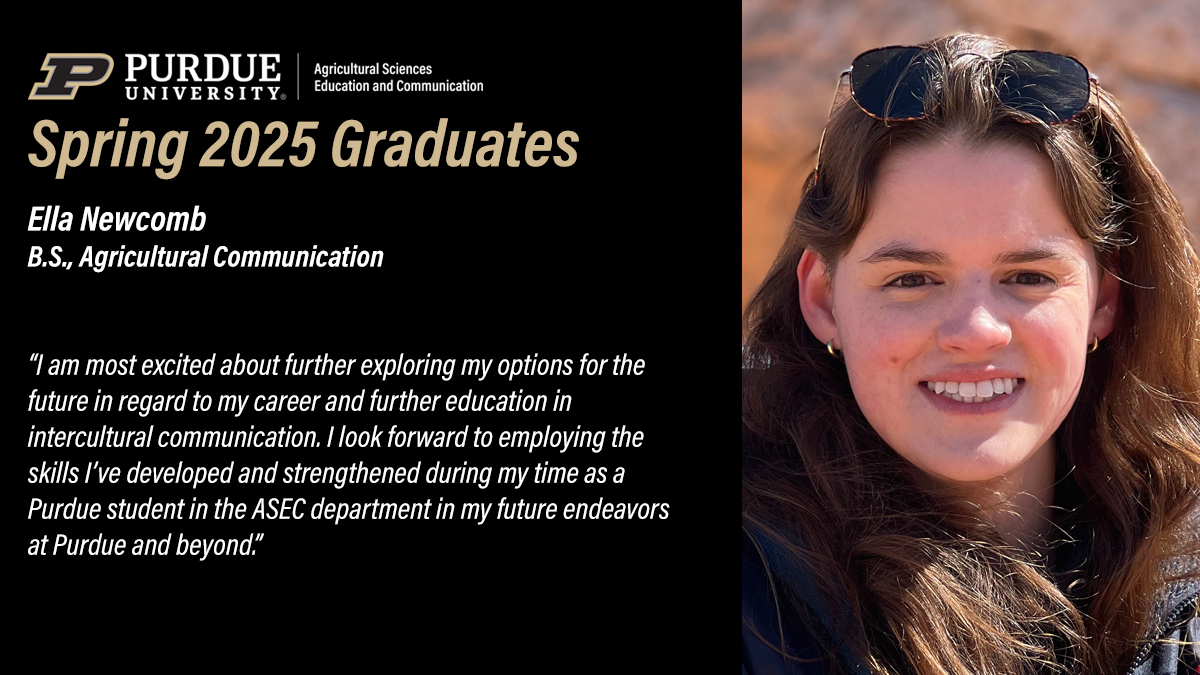 Purdue ASEC (@purdueasec) on Twitter photo Please join us in recognizing our <a href="/PurdueAg/">Purdue Agriculture</a> May graduates. Today, we congratulate Ella Newcomb #PurdueAgCom. bit.ly/4luxhkP Please join us in recognizing our <a href="/PurdueAg/">Purdue Agriculture</a> May graduates. Today, we congratulate Ella Newcomb #PurdueAgCom. bit.ly/4luxhkP