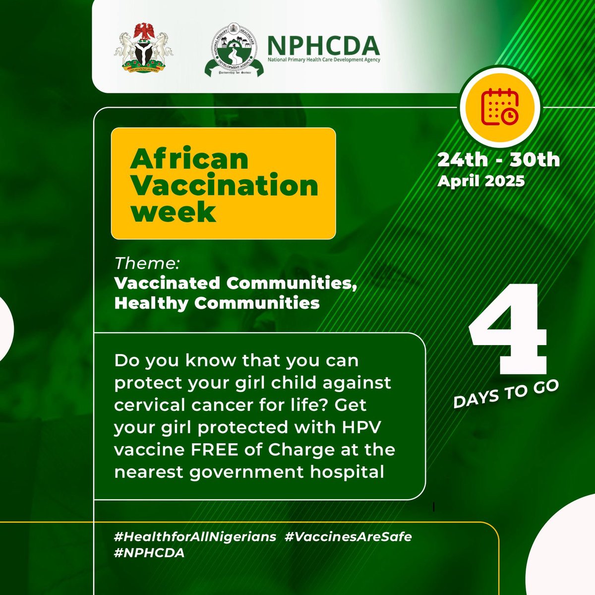 NphcdaNG's tweet photo. Do you know that you can protect your girl child against cervical cancer for life? Get your girl protected with HPV vaccine FREE of Charge at the nearest government hospital
#AVW2025
#NPHCDA
#WHO
#UNICEFNigeria
#CCSI
#HealthforAllNigerians https://t.co/iR0zLAx86b