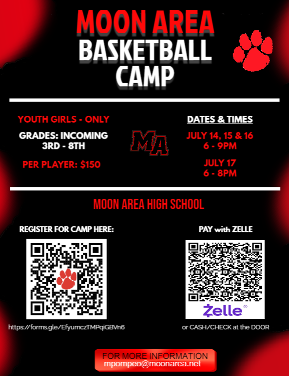Calling all Moon Area girls entering grades 3rd - 8th. Come join us for our 2025-26 Moon Area Girls Basketball Camp.
