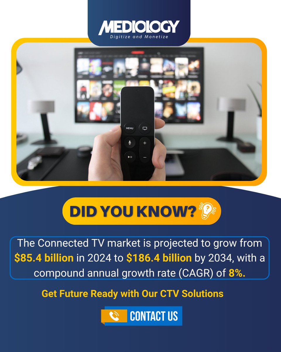 𝐍𝐞𝐰𝐬 𝐏𝐮𝐛𝐥𝐢𝐬𝐡𝐞𝐫𝐬, 𝐀𝐫𝐞 𝐲𝐨𝐮 𝐫𝐞𝐚𝐝𝐲 𝐭𝐨 𝐭𝐚𝐩 𝐢𝐧𝐭𝐨 𝐭𝐡𝐞 𝐟𝐮𝐭𝐮𝐫𝐞 𝐨𝐟 𝐓𝐕? 🗞️📺

The Connected TV market is exploding — projected to hit $𝟏𝟖𝟔.𝟒 𝐛𝐢𝐥𝐥𝐢𝐨𝐧 𝐛𝐲 𝟐𝟎𝟑𝟒!📈

With a 𝟖% 𝐂𝐀𝐆𝐑, now is the time to bring your news content to