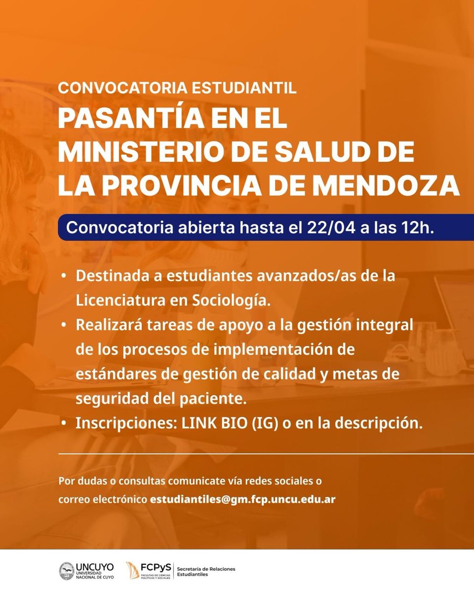 💬 Se convoca a estudiantes de la Licenciatura en Sociología para realizar pasantía en la Dirección de Epidemiología, Calidad y  Control de Gestión del Ministerio de Salud de la Provincia de Mendoza.
🖇️ Convocatoria abierta hasta el 22/04 a las 12h. forms.gle/i94x75BsEwozbM…