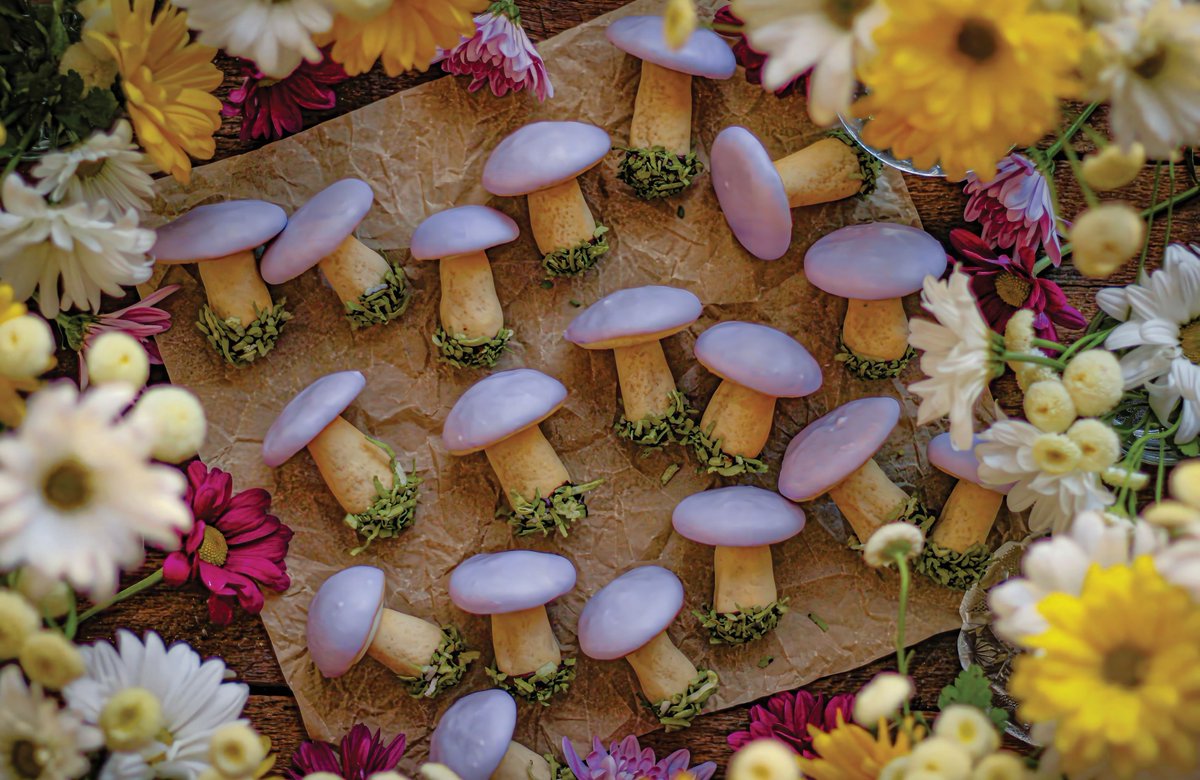 Lavender shortbread cookies shaped like garden mushrooms? Yes please. <a href="/MustLoveHerbs/">Golden State Harvest</a> brings us edible magic, dipped in matcha moss and sweet nostalgia. #WhimsicalBaking #recipes #SpringSweets enchantedlivingmagazine.com/lavender-short…