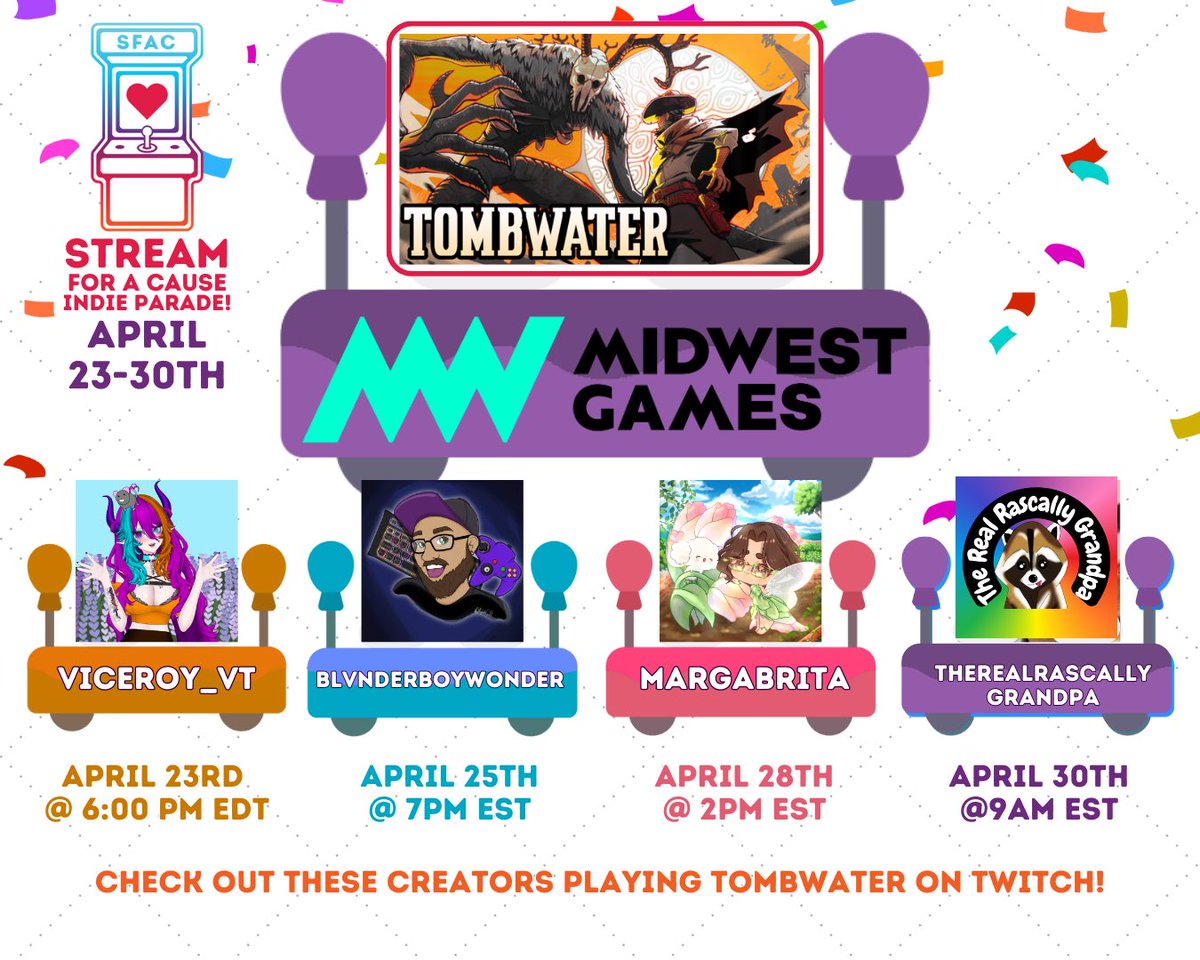 Streamcause's tweet image. Want to see some amazing creators play TombWater’s demo while they raise funds for Stream for a Cause? Make sure you tune in for fun giveaways and incentives in these Twitch streams! A big thank you to @midwestgamesco