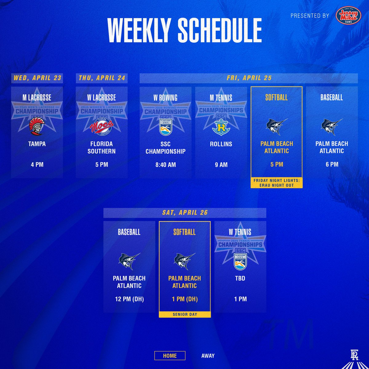 The postseason is in full swing!

• <a href="/ERAUMLAX/">Embry-Riddle Men’s Lacrosse</a> and <a href="/ERAUWLAX/">Embry-Riddle Women’s Lacrosse</a> compete in the Semifinals of the SSC Tournament
• <a href="/ERAUMTennis/">Embry-Riddle Men's Tennis</a> and <a href="/ERAUWTennis/">Embry-Riddle Women's Tennis</a> begin postseason play
• <a href="/ERAURowing/">Embry-Riddle Rowing</a> looks to capture its fourth-straight SSC title
• <a href="/ERAUSoftball/">Embry-Riddle Softball</a> celebrates its seniors on Saturday