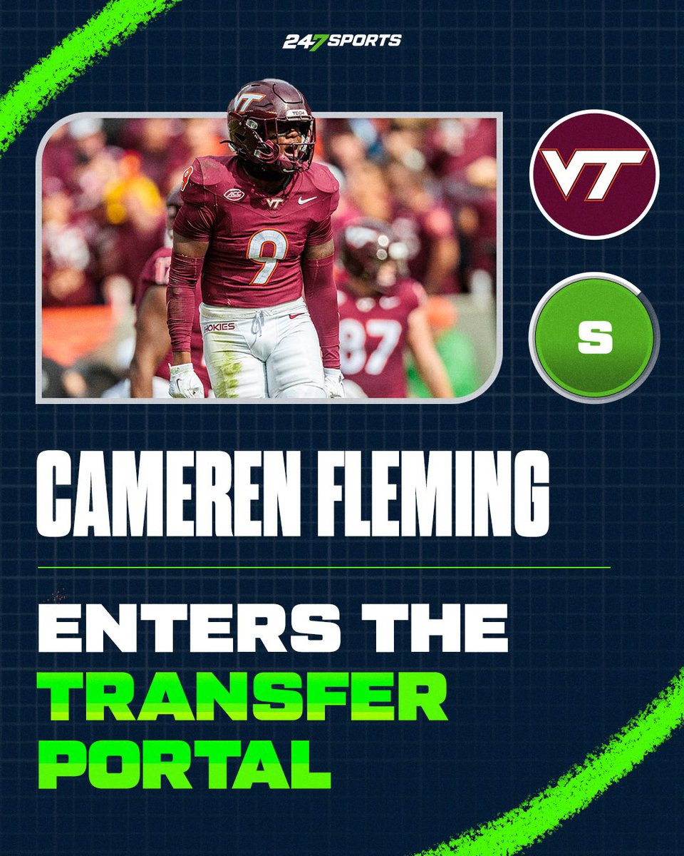 BREAKING: Virginia Tech S Cameren Fleming is entering the trasnfer portal

The 6-0, 200-pound defensive back had two tackles last season

3 years of eligibility

Story: 247sports.com/college/virgin…
