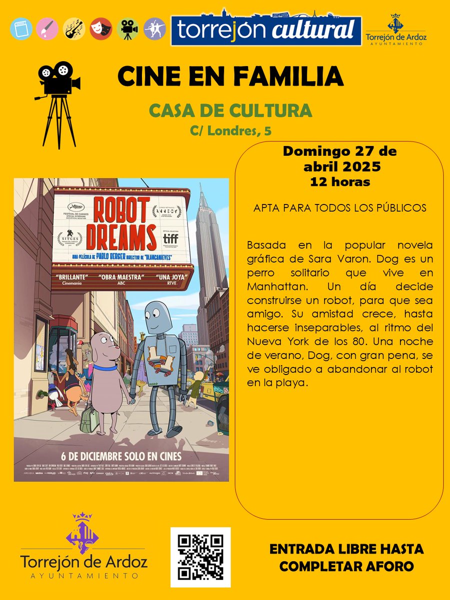 torrejoncultura's tweet image. domingo 27 de abril a las 12h en Casa de Cultura
CINE EN FAMILIA: "ROBOT DREAMS"
Película de animación escrita y dirigida por Pablo Berger, basada en el cómic de Sara Varon.
𝐄𝐍𝐓𝐑𝐀𝐃𝐀 𝐋𝐈𝐁𝐑𝐄 𝐇𝐀𝐒𝐓𝐀 𝐂𝐎𝐌𝐏𝐋𝐄𝐓𝐀𝐑 𝐀𝐅𝐎𝐑𝐎.
#TorrejónCultural
#CineEnFamilia