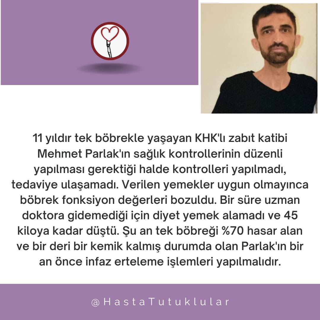 whiteorchid7777's tweet photo. Mehmet Parlak’ın durumu günden güne kötüleşiyor. Hasta insanları mahkum etmek en büyük zulümdür. MEHMET PARLAK ve BÜYÜN HASTA MAHKULARA TAHLİYE ‼️

#KHKlarBitmedenÇözümOlmaz https://t.co/r6xm2t8DmA